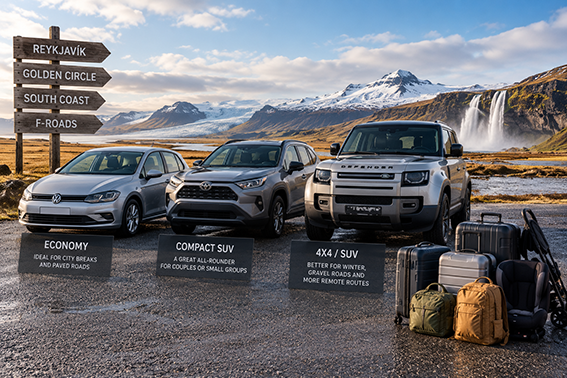 Selection of rental cars and SUVs beside an Icelandic road, with luggage and a mountainous landscape in the background.