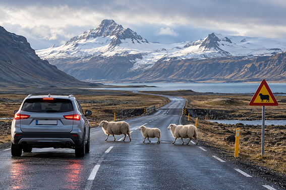 Rental car stopped on a wet Icelandic road as sheep cross, surrounded by dramatic snow-covered mountains.
