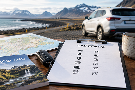 Car rental checklist, Iceland map and car key beside a parked SUV on a scenic coastal road in Iceland.