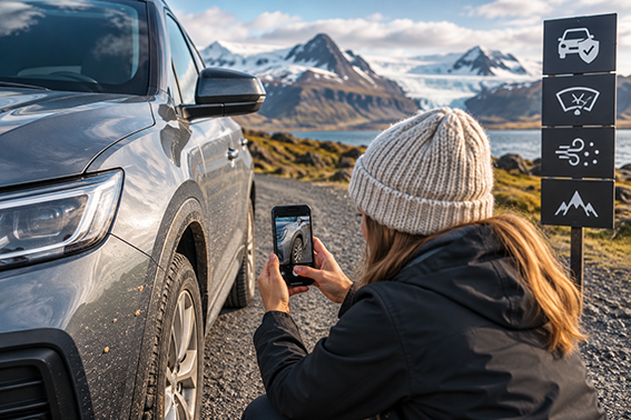 Traveller photographing an Iceland rental car before driving, with a gravel road and snow-covered mountains in the background.